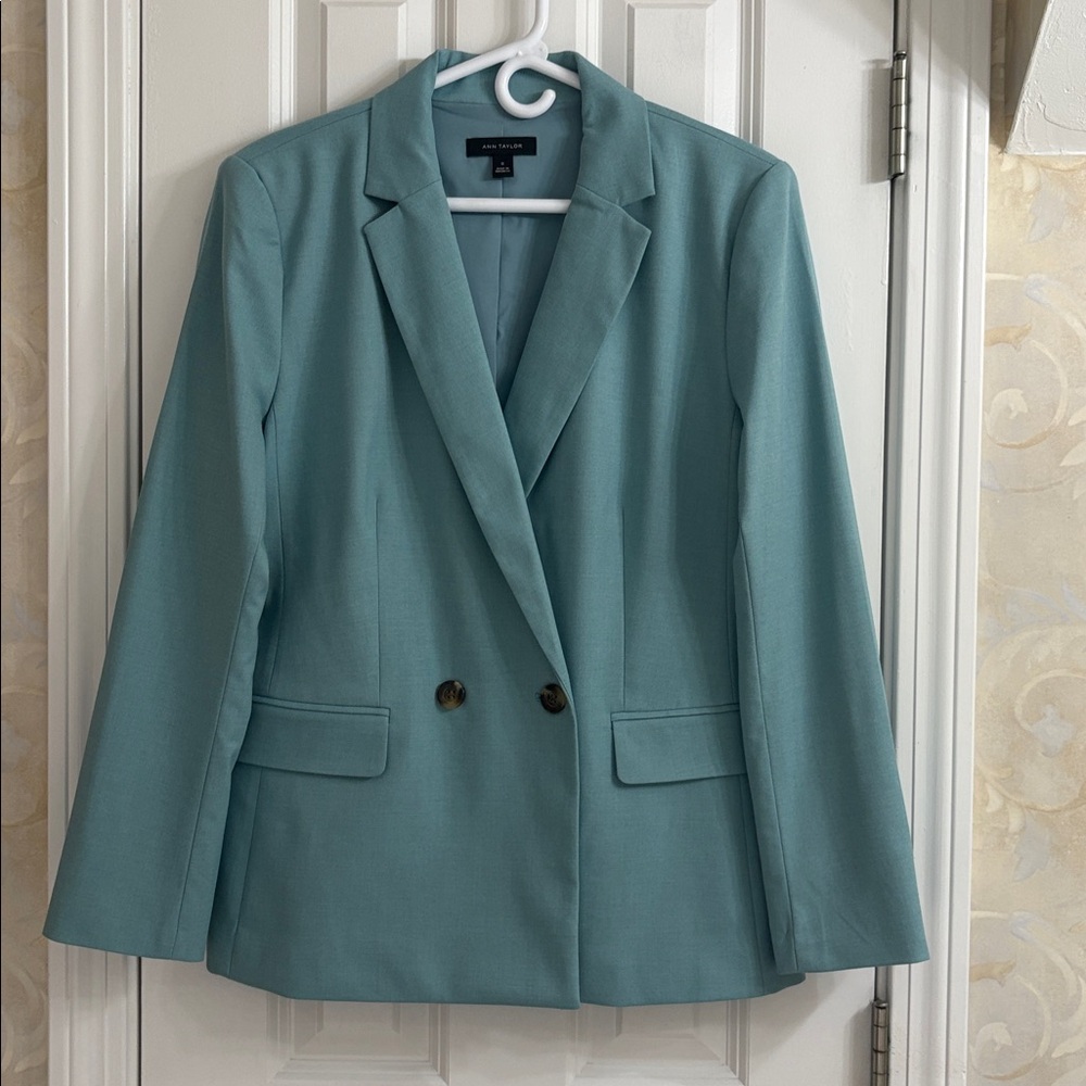 Ann Taylor Double-Breasted Soft Aqua Suiting Blazer